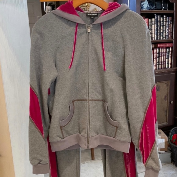Bebe Sport Gray Track Suit Set Mauve Velvet Stripe Hoodie ! M Hoodie - XS Pant - Picture 3 of 10
